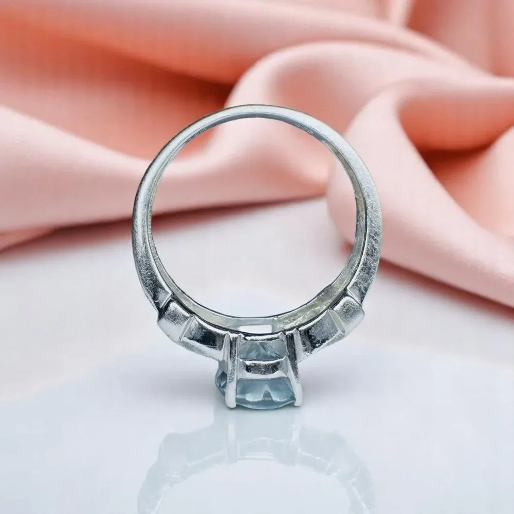 10K White Gold -Art Deco -Aquamarine & Diamond Ring -Sz 7- Filigree Ring- 2.8g